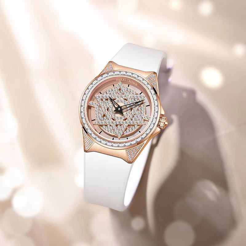 Gold Plated Diamond Pentacle Rotating dial Wristwatch For Female