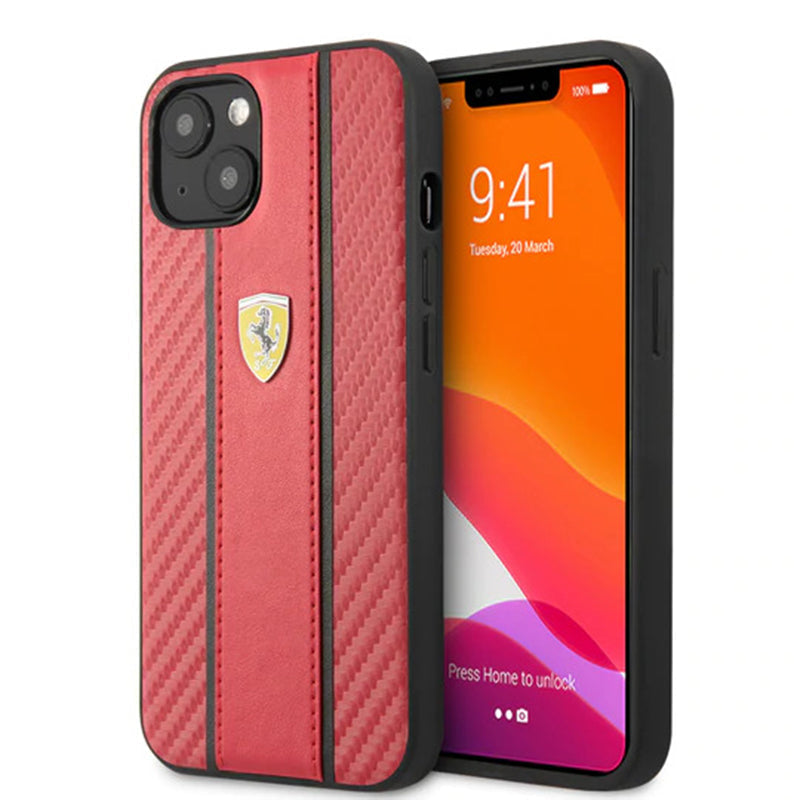 Ferrari Red Pu Leather Carbon Effect Central Smooth Stripe Back Case with  Metal Logo for iPhone 13