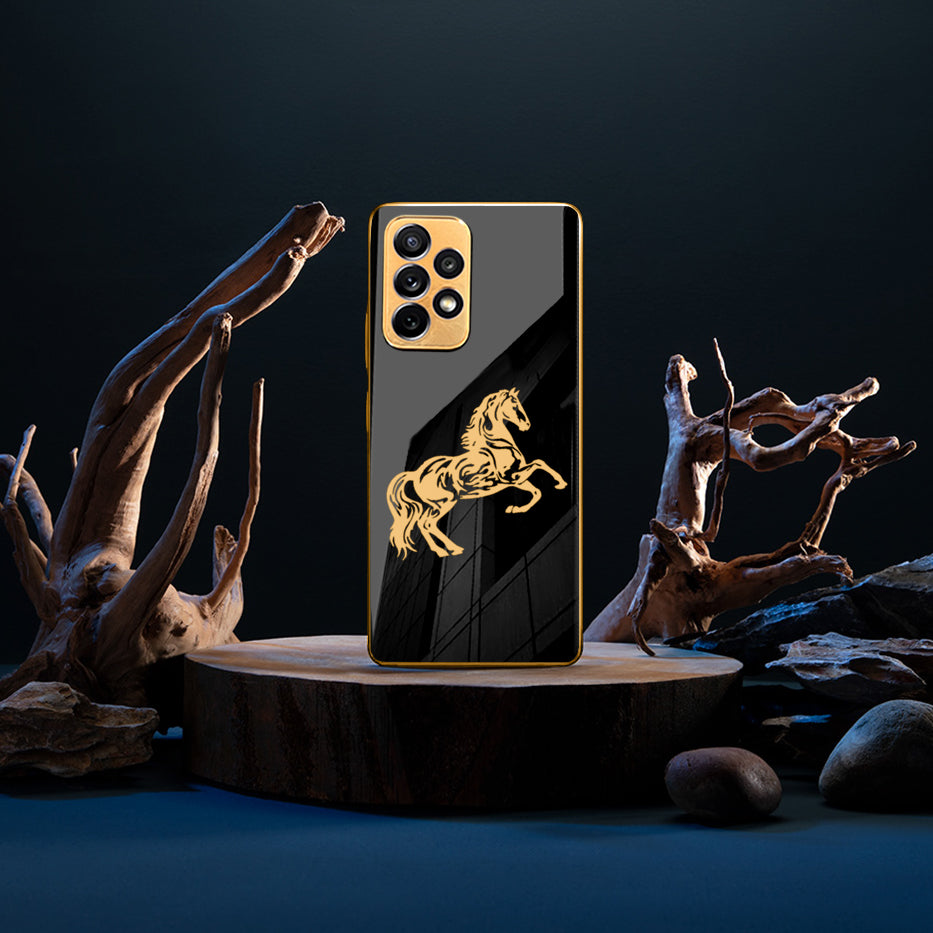 Luxury Horse Pattern Glass Back Case With Golden Edges For Samsung A52