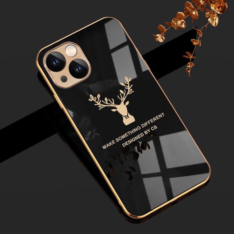 Luxurious Deer Glass Back Case With Golden Edges For iPhone 13