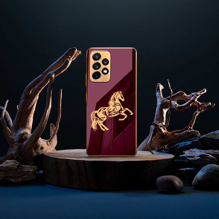 Luxury Horse Pattern Glass Back Case With Golden Edges For Samsung A52