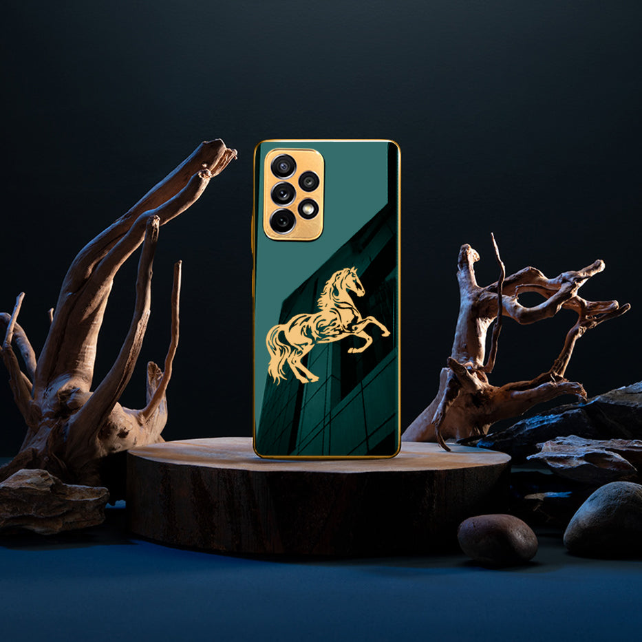 Luxury Horse Pattern Glass Back Case With Golden Edges For Samsung A52