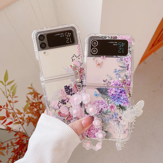 Luxury Floral Print Pattern with Bracelet Clear Phone Case for Samsung Galaxy Z Flip 3