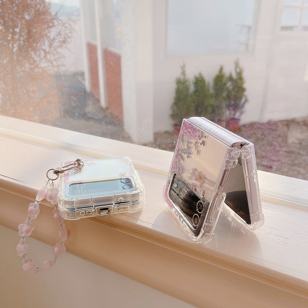 Luxury Floral Print Pattern with Bracelet Clear Phone Case for Samsung Galaxy Z Flip 3