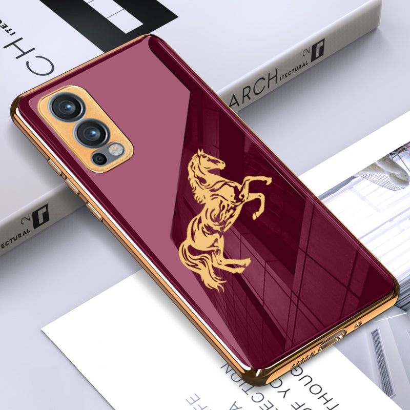 Horse Pattern Glass Back Case With Golden Edges For Oneplus Nord 2