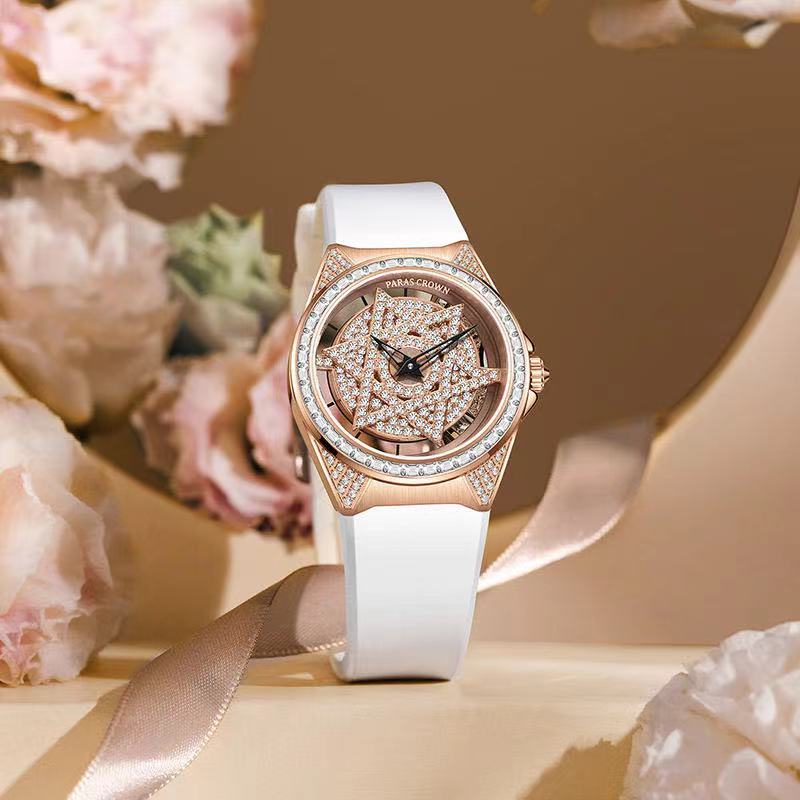 Gold Plated Diamond Pentacle Rotating dial Wristwatch For Female