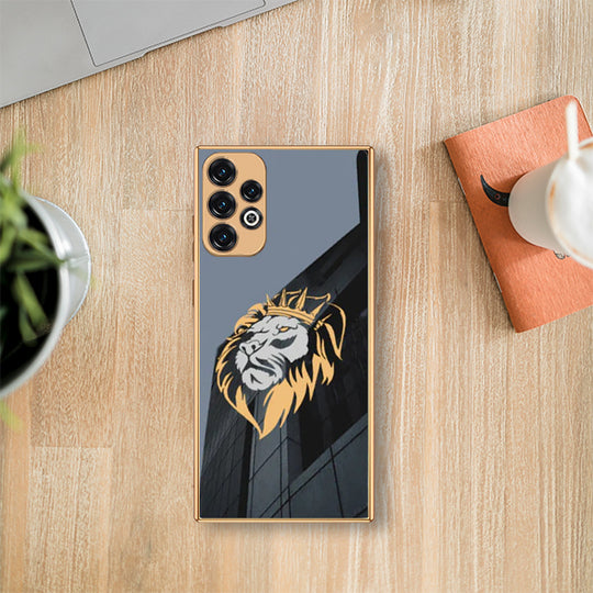Luxury Lion Glass Back Case With Golden Edges For Samsung