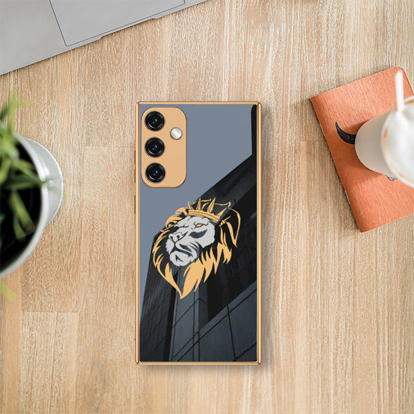 Luxury Lion Glass Back Case With Golden Edges For Samsung