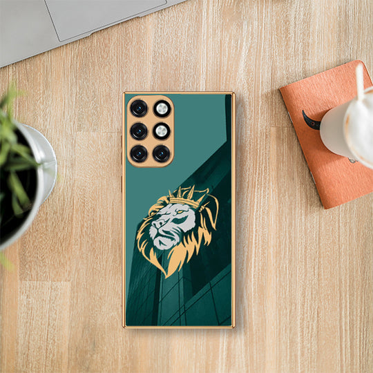 Luxury Premium Glass Lion Back Case With Golden Edges For Oneplus