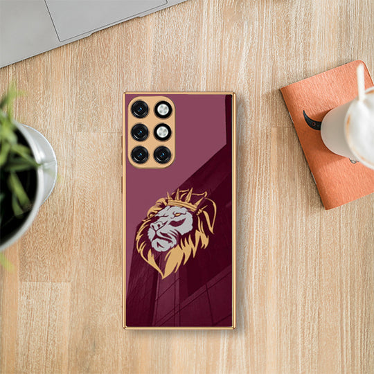 Luxury Premium Glass Lion Back Case With Golden Edges For Oneplus