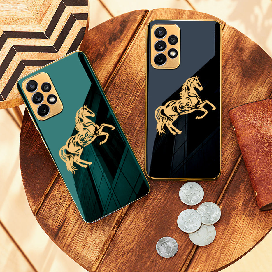 Luxury Horse Pattern Glass Back Case With Golden Edges For Samsung A53