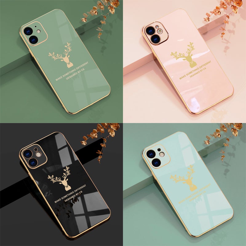 Luxurious Deer Glass Back Case With Golden Edges For iPhone 12 - planetcartonline