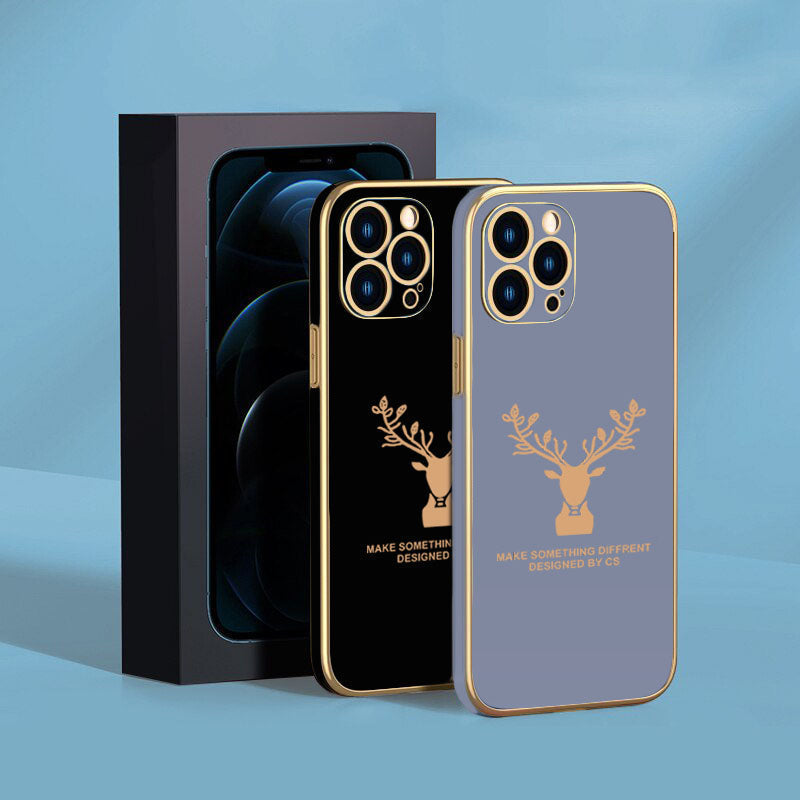 Luxury Golden Edges Deer Glass Back Case For iPhone 13 Pro Max - Premium Cases