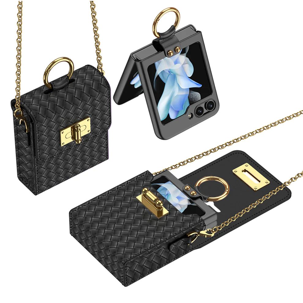 Luxury Leather Mini Bag Chain Ring Holder Case For Samsung Z Flip