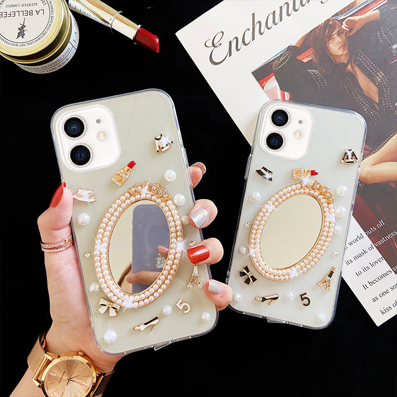 Luxury Transparent 3D Pearl Bow Plating Makeup Mirror Girlish Phone Case for Apple iPhone 12