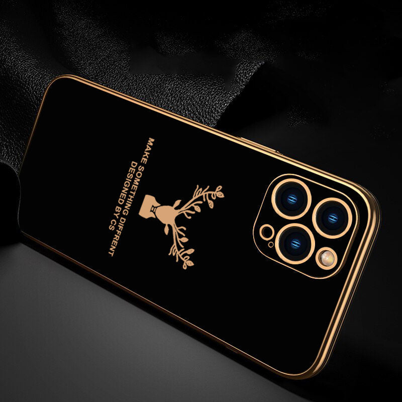 Luxury Golden Edges Deer Glass Back Case For iPhone 13 Pro Max - Premium Cases