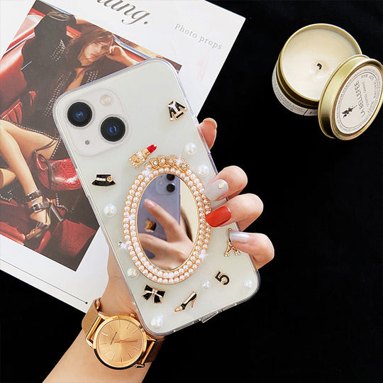 Luxury Transparent 3D Pearl Bow Plating Makeup Mirror Girlish Phone Case for Apple iPhone 13