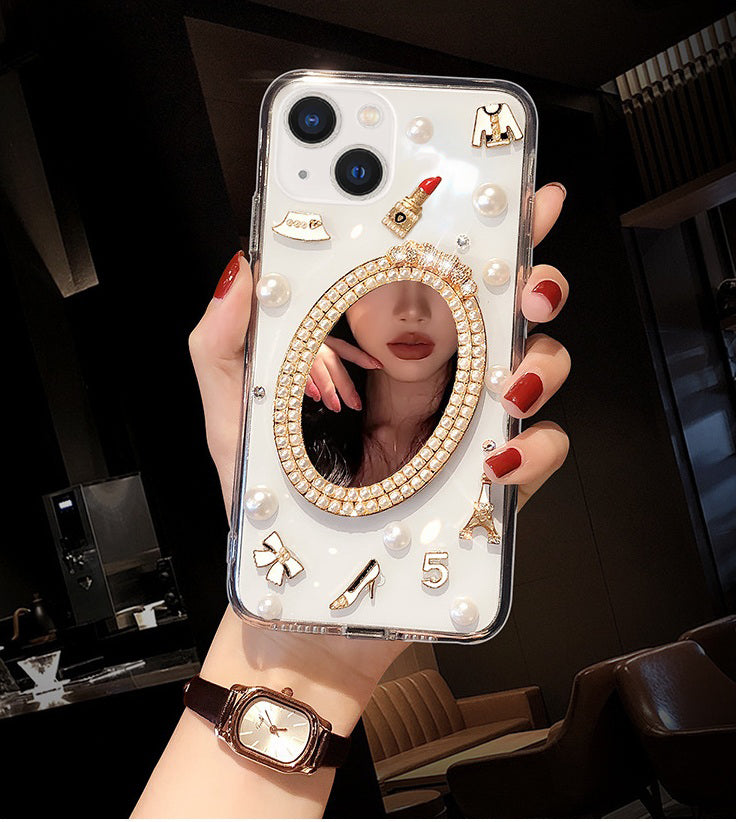 Luxury Transparent 3D Pearl Bow Plating Makeup Mirror Girlish Phone Case for Apple iPhone 13