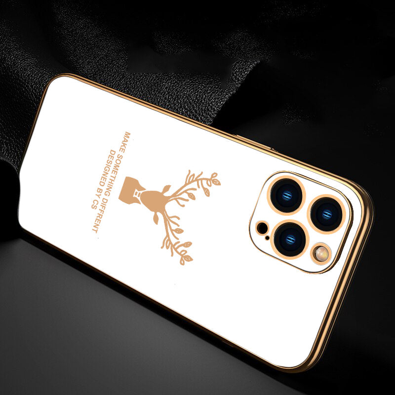 Luxury Golden Edges Deer Glass Back Case For iPhone Series