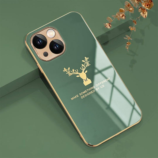 Luxurious Deer Glass Back Case With Golden Edges For iPhone 13