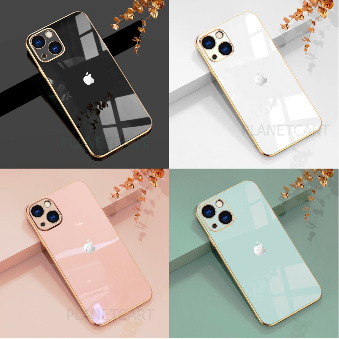 Luxurious Glass Back Case With Golden Edges For iPhone 13 - Premium Cases