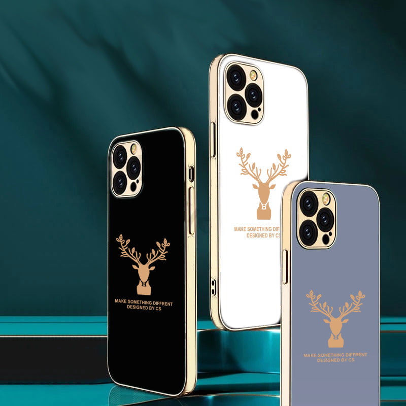 Luxury Golden Edges Deer Glass Back Case For iPhone 13 Pro - Premium Cases