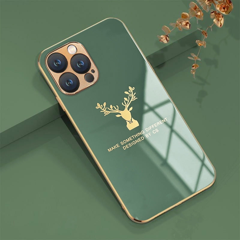 Luxurious Deer Glass Back Case With Golden Edges For iPhone 13 Pro