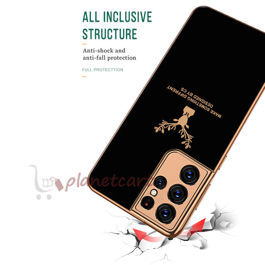 Luxury Golden Edges Deer Pattern Glass Back Case For Samsung Galaxy S21 - Premium Cases