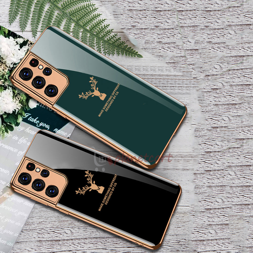 Luxury Golden Edges Deer Pattern Glass Back Case For Samsung Galaxy S21 Ultra - Premium Cases