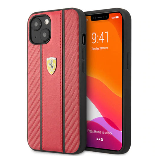 Ferrari Red Pu Leather Carbon Effect & Central Smooth Stripe Back Case with Metal Logo for iPhone 13 - Premium Cases