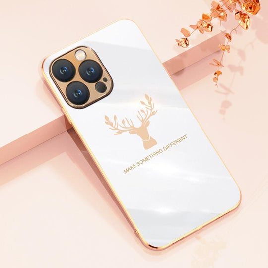 Luxurious Deer Glass Back Case With Golden Edges For iPhone 13 Pro - planetcartonline