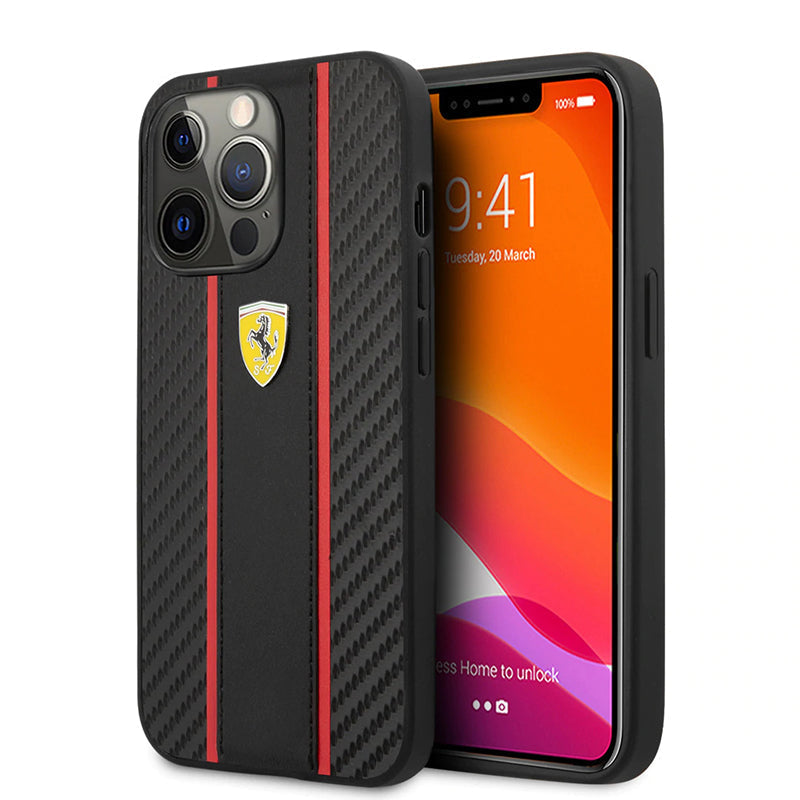 Ferrari Black Pu Leather Carbon Effect & Central Smooth Stripe Back Case with Metal Logo for iPhone 13 Pro Max - Premium Cases