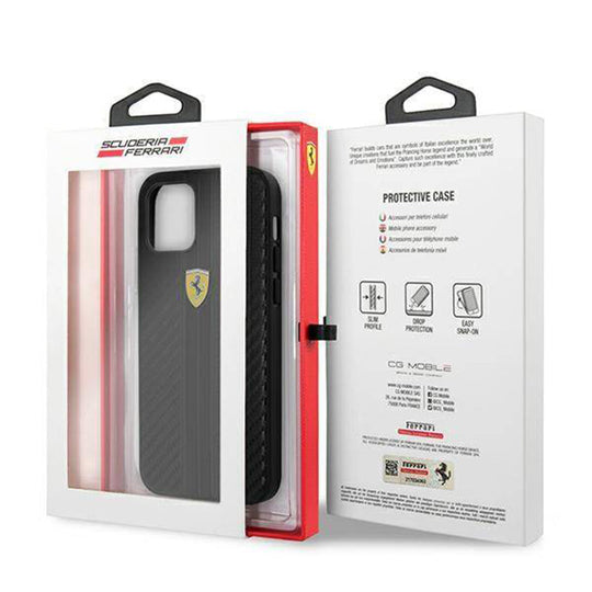 Ferrari Black Pu Leather Carbon Effect & Central Smooth Stripe Back Case with Metal Logo for iPhone 13 Pro Max - Premium Cases