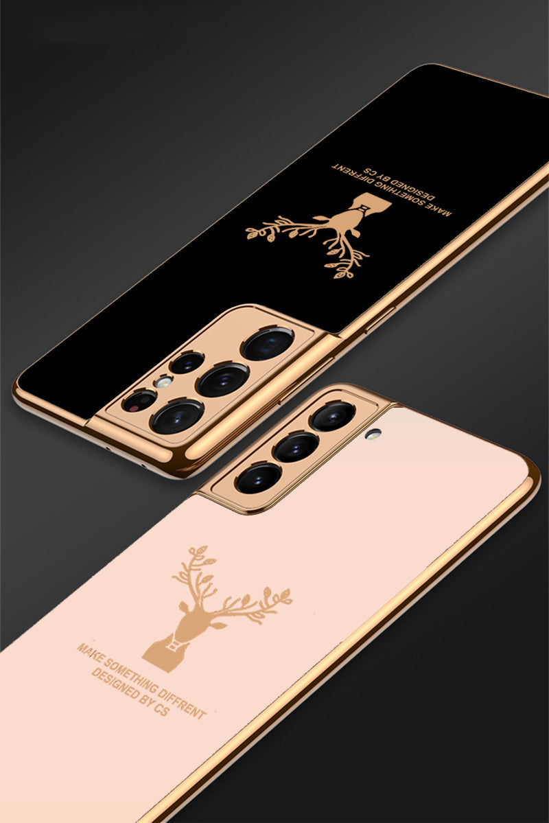 Luxury Golden Edges Deer Glass Back Case For Samsung Galaxy S21 Ultra - Premium Cases