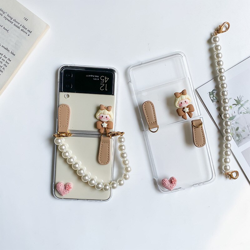 Premium luxury Cute Sweet Girl Pearl Chain Bracelet Phone Case for Samsung Galaxy Z Flip 3