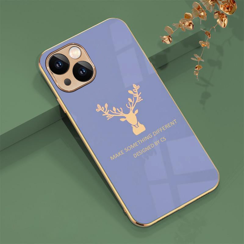 Luxurious Deer Glass Back Case With Golden Edges For iPhone 13 - planetcartonline