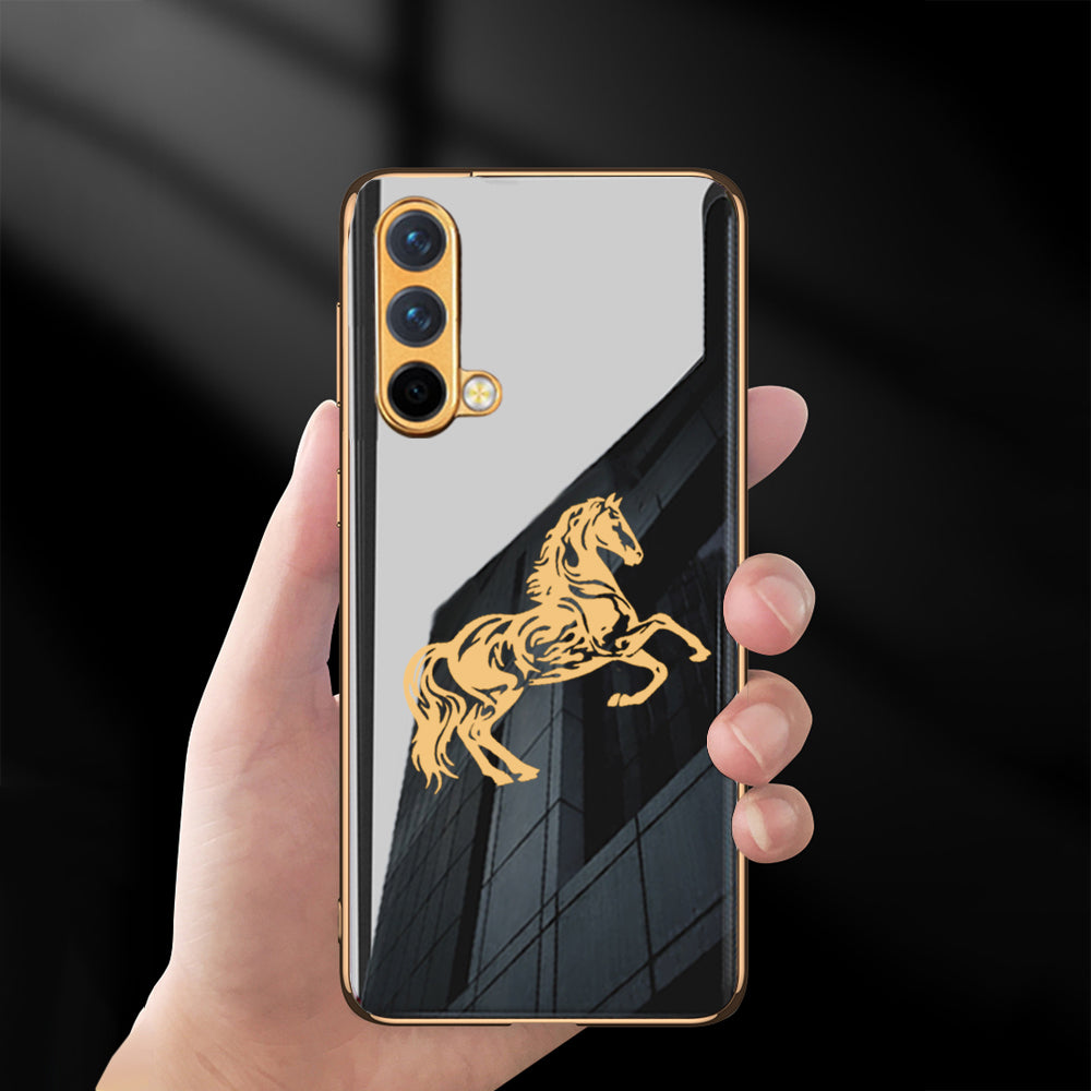 Luxury Horse Pattern Glass Back Case With Golden Edges For Oneplus Nord CE