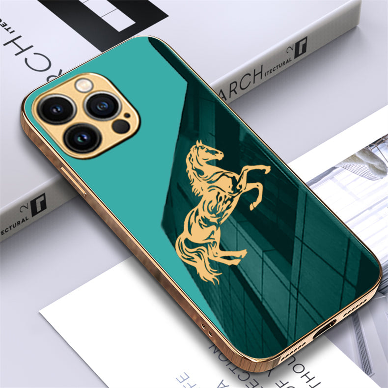 Luxury Horse Pattern Glass Back Case With Golden Edges For iPhone 13 Pro