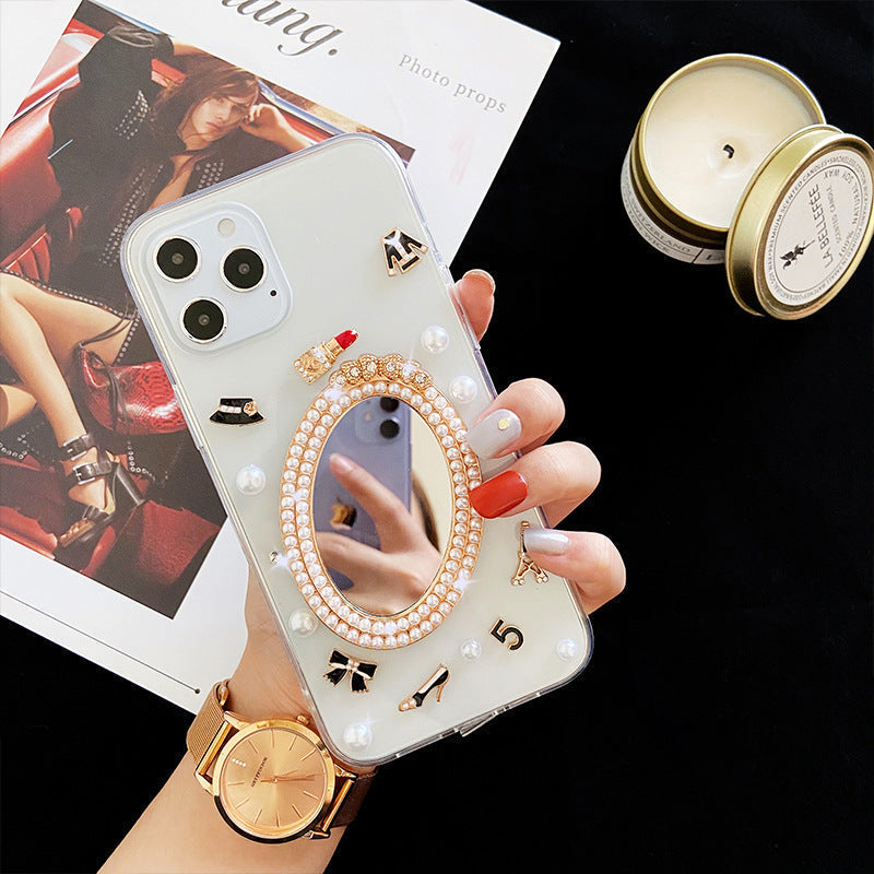 Luxury Transparent 3D Pearl Bow Plating Makeup Mirror Girlish Phone Case for Apple iPhone 13 Pro Max