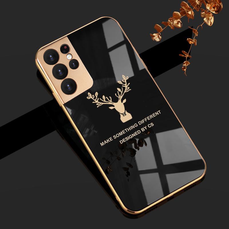 Luxury Silicon Deer Glass Case With Golden Edges For Samsung Galaxy S21 Ultra - planetcartonline
