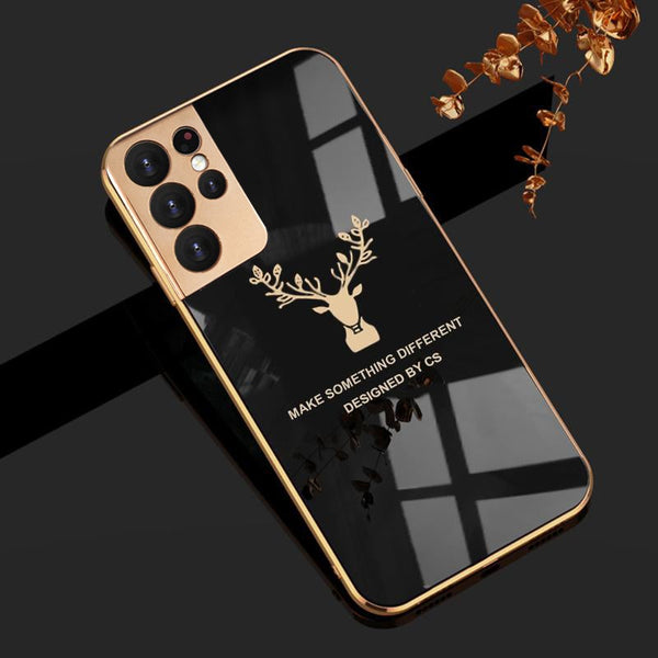 Luxury Silicon Deer Glass Case With Golden Edges For Samsung Galaxy S21 Ultra