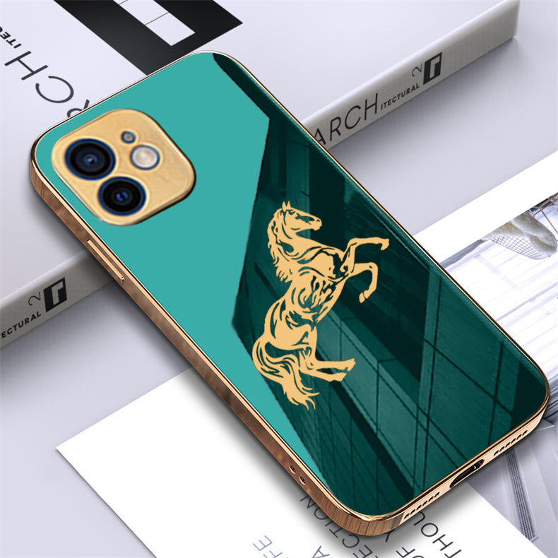 Luxury Horse Pattern Glass Back Case With Golden Edges For iPhone 11