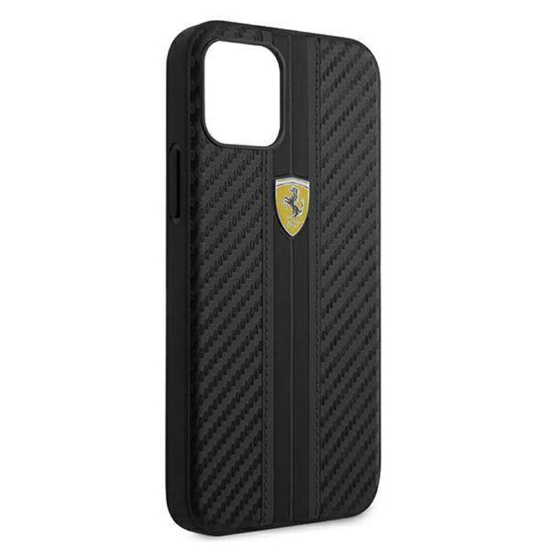 Ferrari Black Pu Leather Carbon Effect & Central Smooth Stripe Back Case with Metal Logo for iPhone 13 - Premium Cases