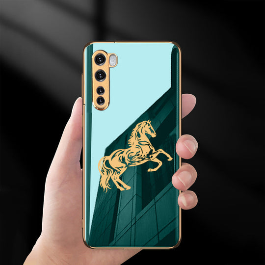Luxury Horse Pattern Glass Back Case With Golden Edges For Oneplus Nord