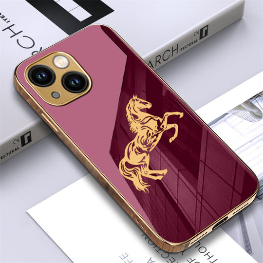 Luxury Horse Pattern Glass Back Case With Golden Edges For iPhone 13