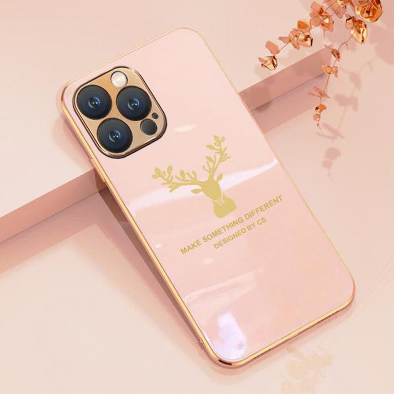 Luxurious Deer Glass Back Case With Golden Edges For iPhone 13 Pro Max - planetcartonline