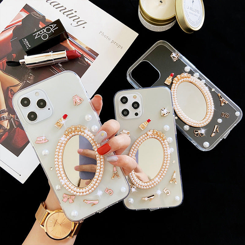 Luxury Transparent 3D Pearl Bow Plating Makeup Mirror Girlish Phone Case for Apple iPhone 13 Pro