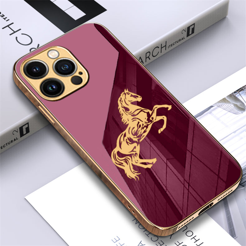 Luxury Horse Pattern Glass Back Case With Golden Edges For iPhone 13 Pro