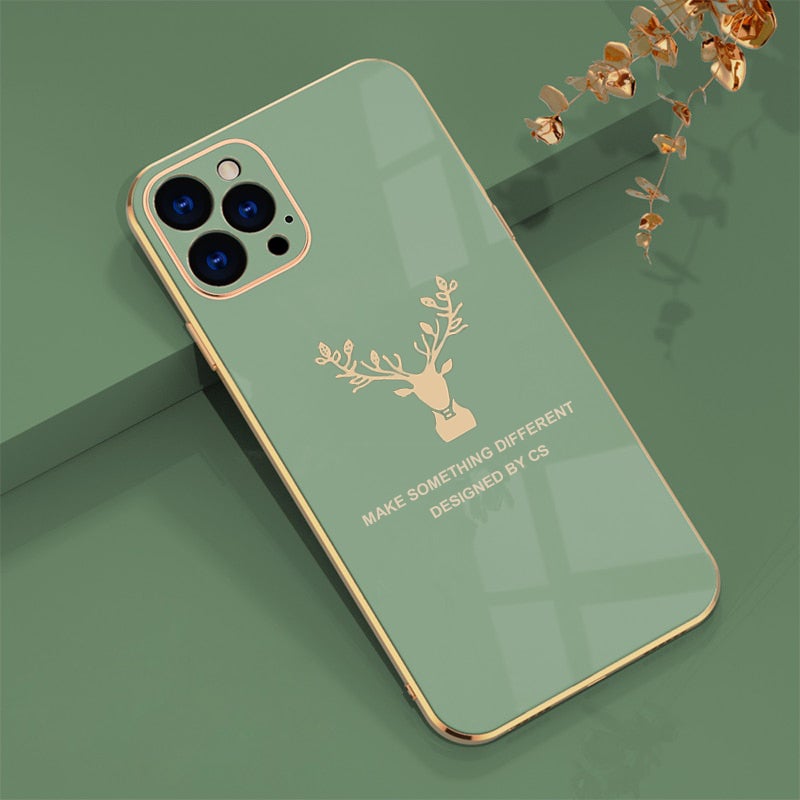 Luxurious Deer Glass Back Case With Golden Edges For iPhone 12 Pro Max - planetcartonline