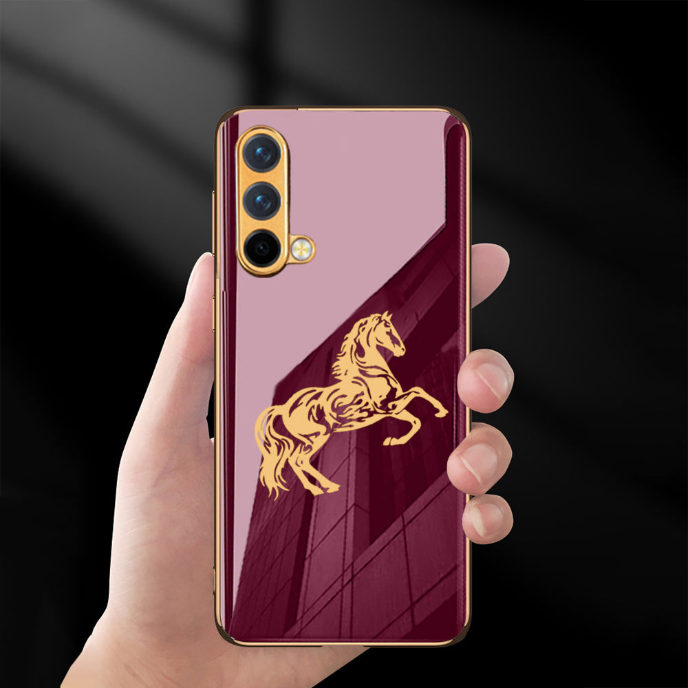 Luxury Horse Pattern Glass Back Case With Golden Edges For Oneplus Nord CE